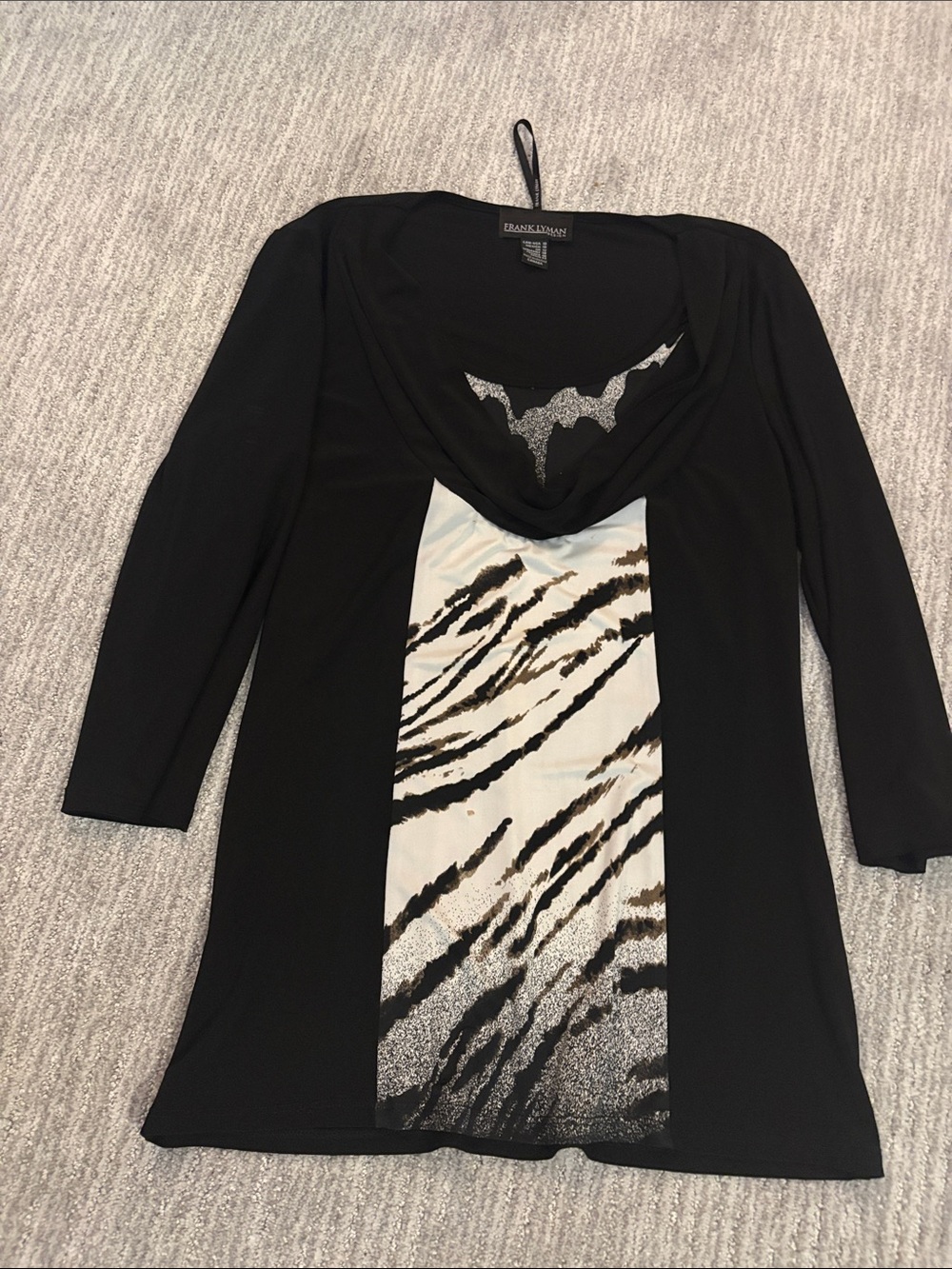Frank Lyman Design Black Tunic with Cream and Brown Animal Print Panel